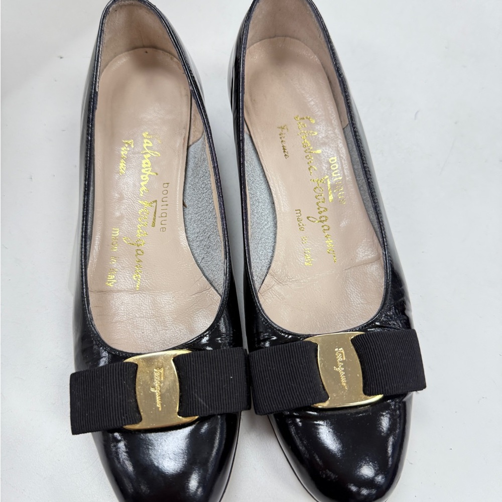 Salvatore Ferragamo Black Patent Leather Loafers with Bow